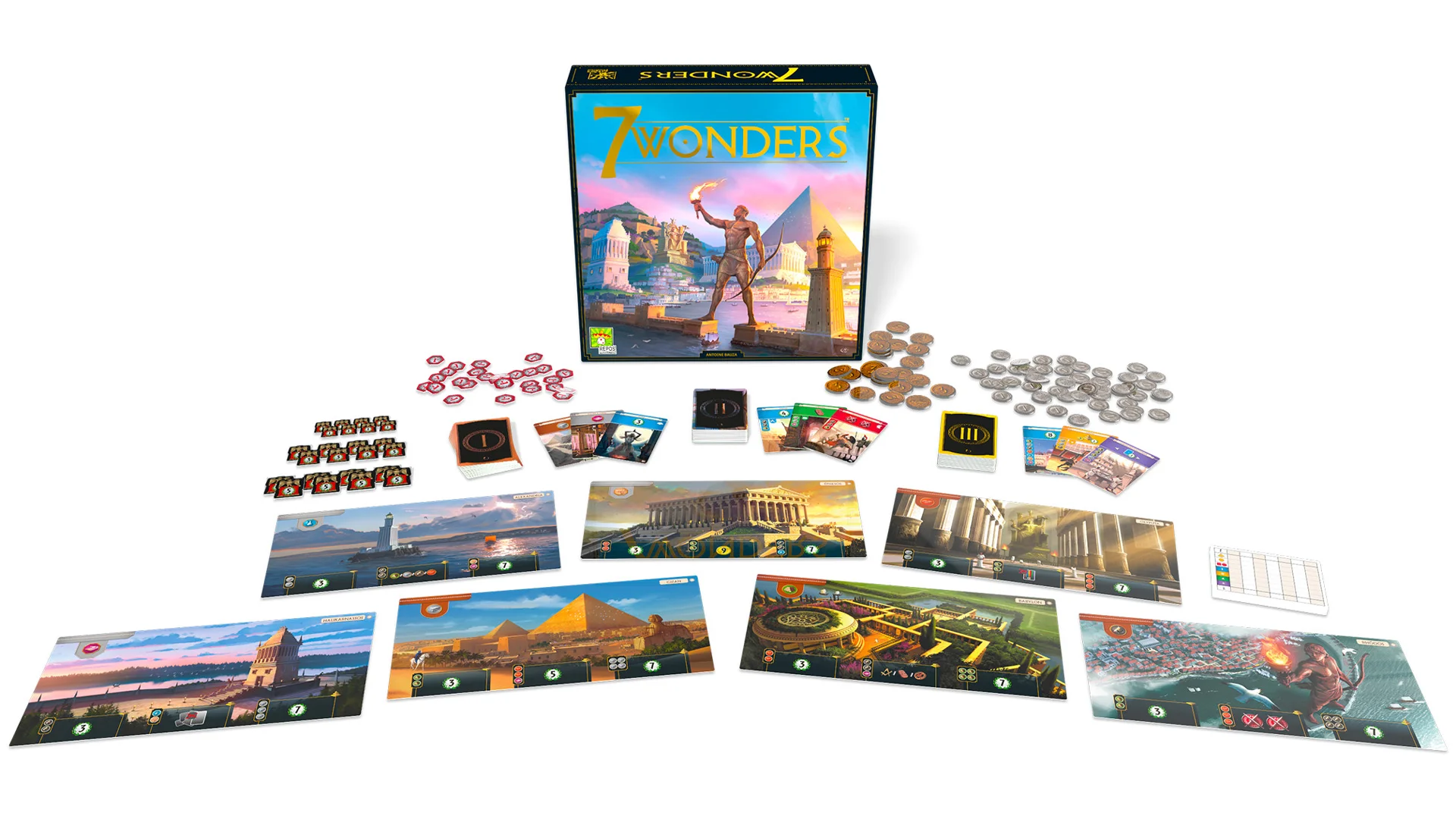 محتویات جعبه بازی سون واندرز Seven wonders boardgame components